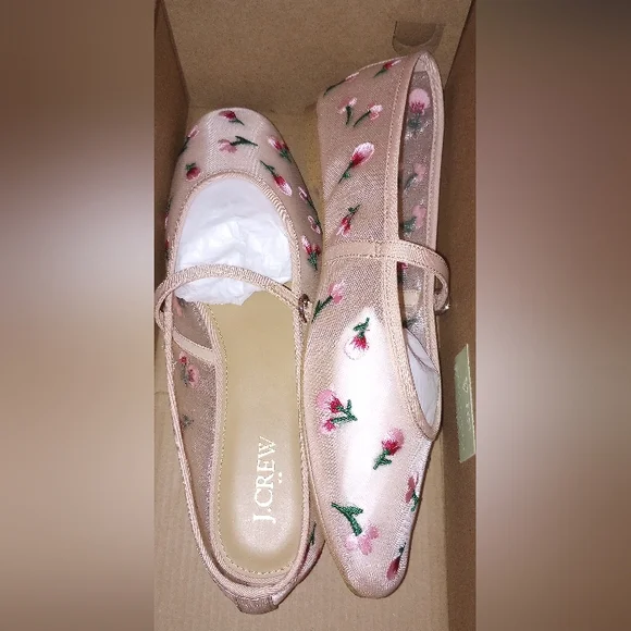 NWT J. Crew Mesh Embroidered Mary Jane Flats Blush 9 - Picture 2 of 8